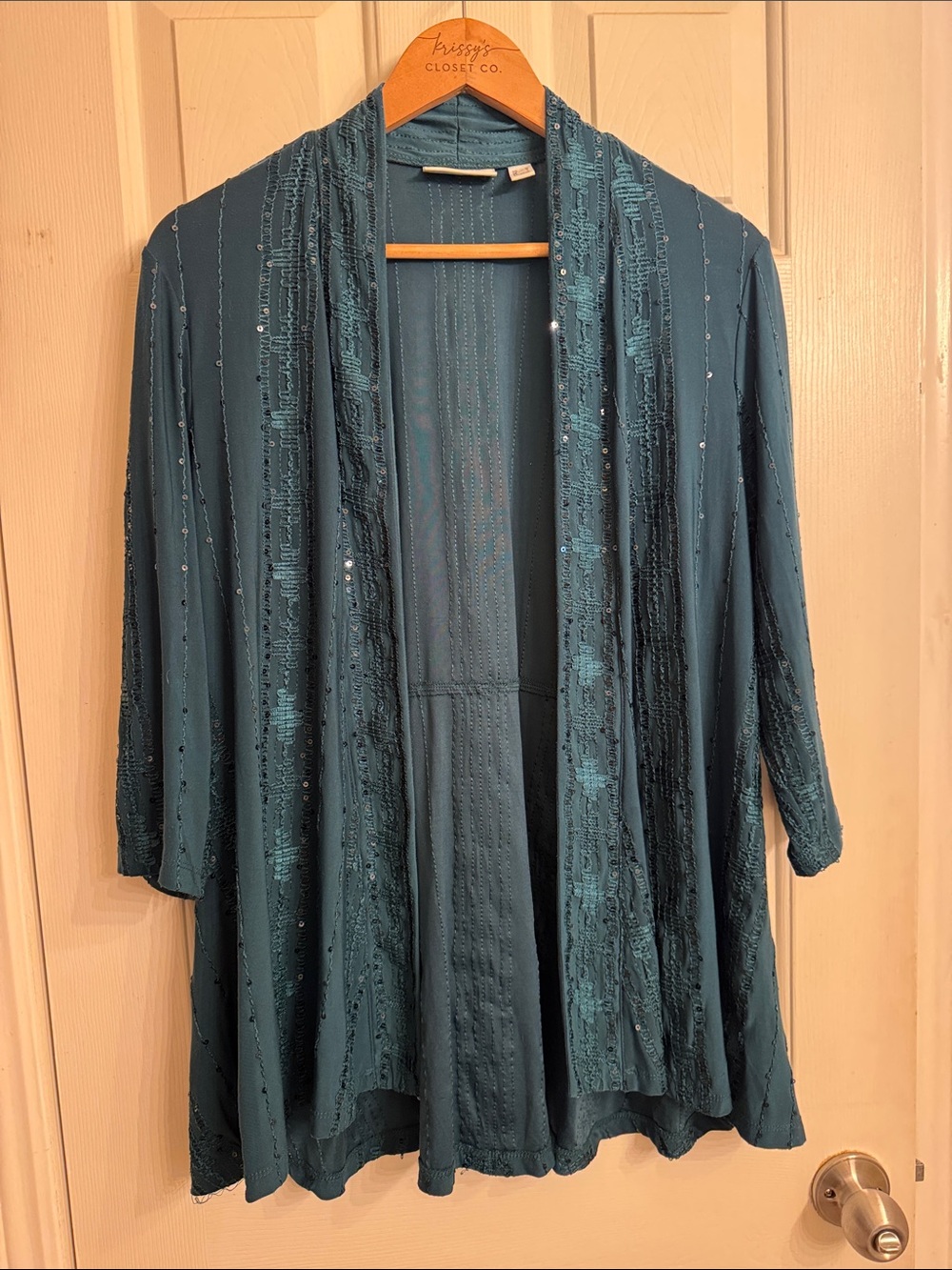 Susan Graver Teal Open-Front Sequin-Embellished Cardigan